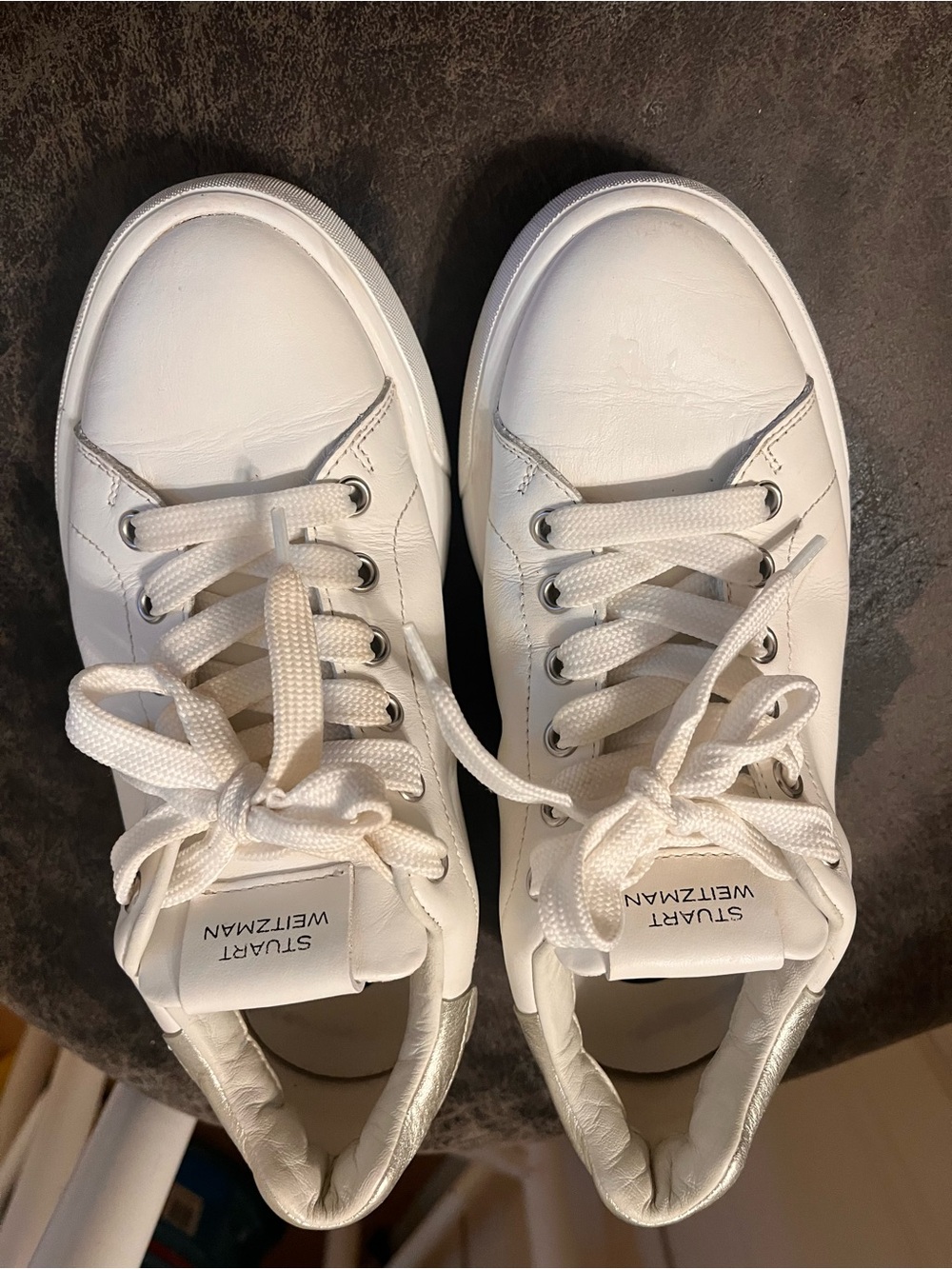 Stuart Weitzman White Leather Courtside Low-Top Sneakers - Picture 3 of 7